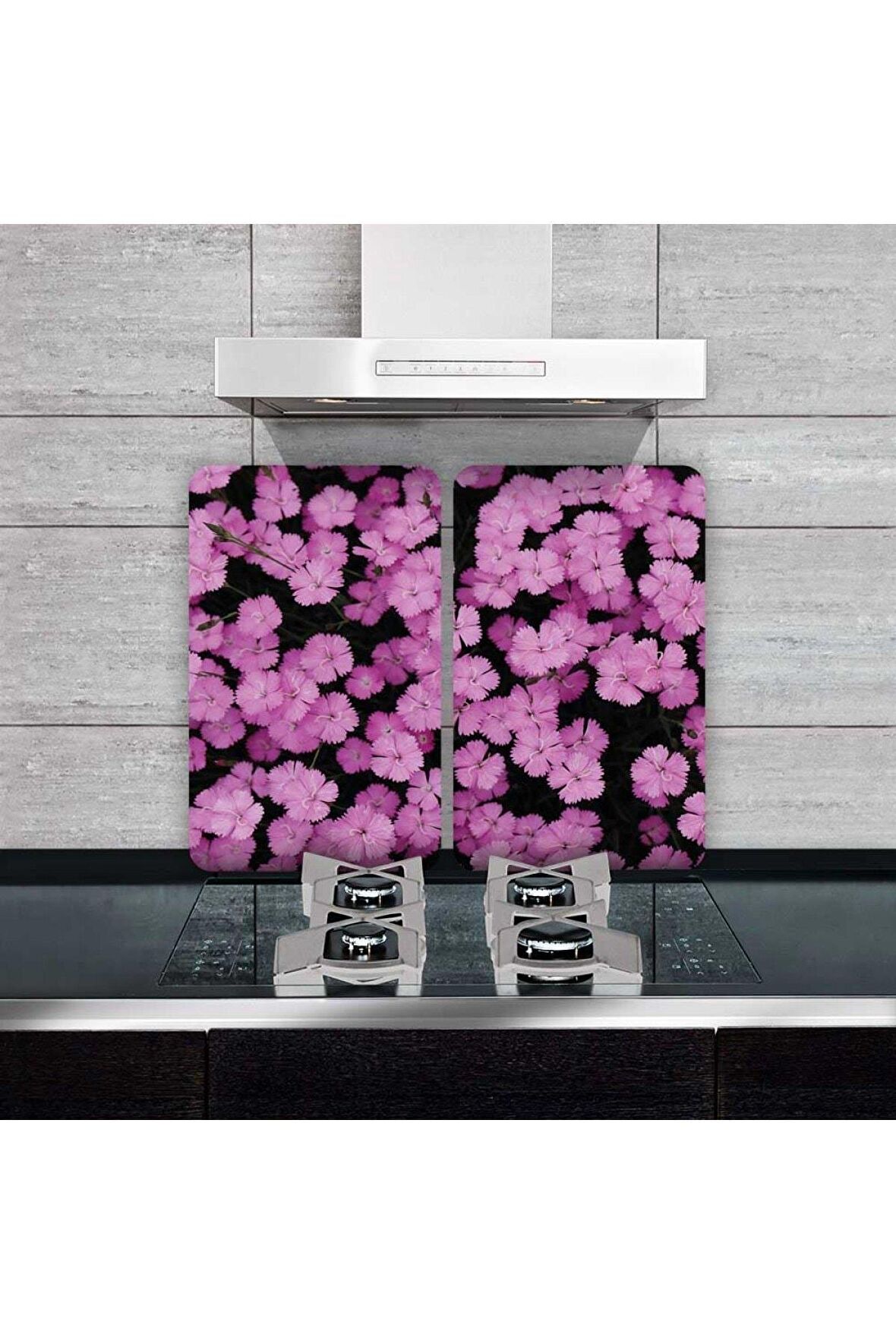 Cam Ocak Koruyucu ve Kesim Tablası Çoklu Mor Çiçekler  (80cm x 52cm) 2 Parça, 5'li Ocaklar